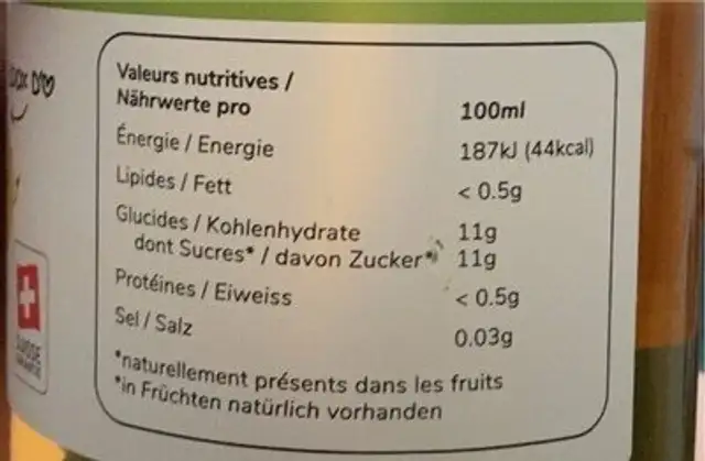 Jus de pomme nutrition facts table