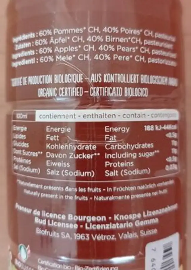 Jus pommes et poires nutrition facts table