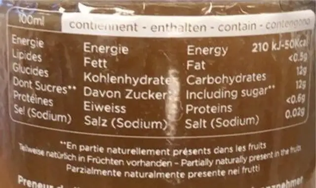 jus fruits nutrition facts table