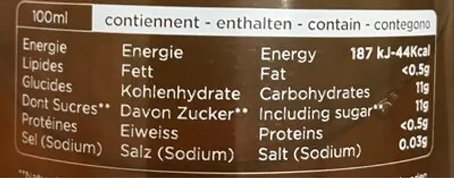 Jus de pommes non filtrées nutrition facts table