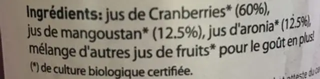 Jus de cranberries enrichi au jus de mangoustan et d'aronia ingredients label