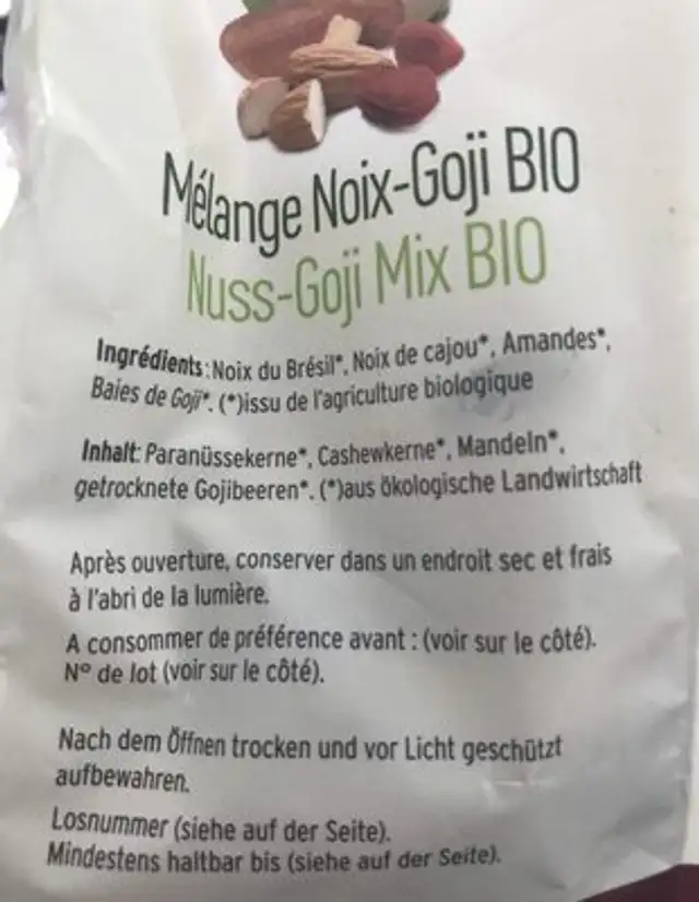 Optimys Nuss-goji-mix Bio 200 g ingredients label