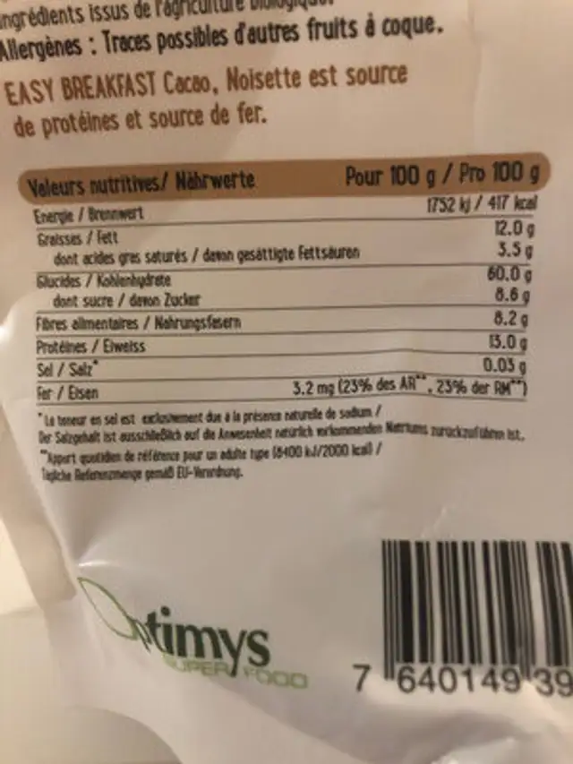 Easy Breakfast ingredients label