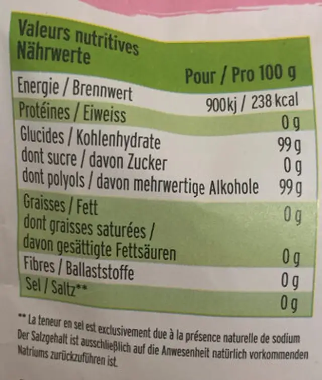Sucre bouleau nutrition facts table