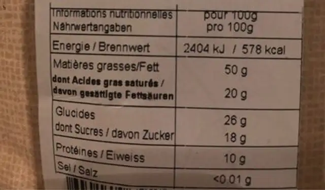 Noisette Bio chocolat noir nutrition facts table