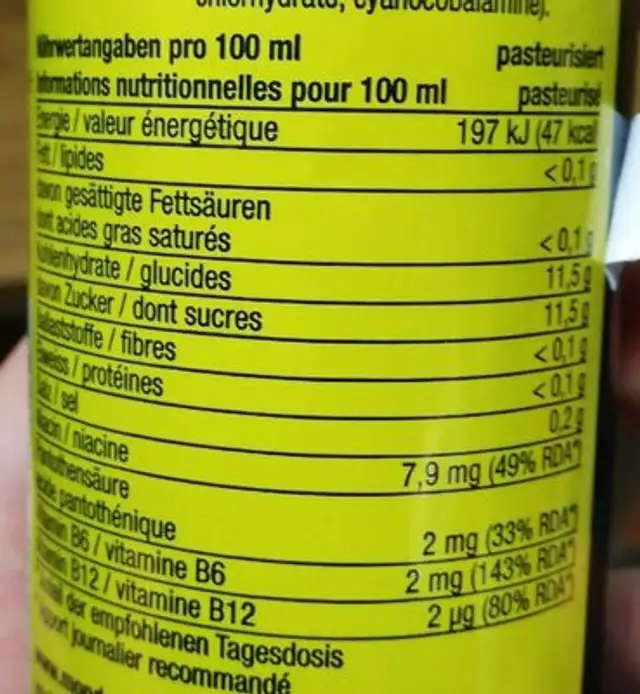 Monday energy drink Classic nutrition facts table
