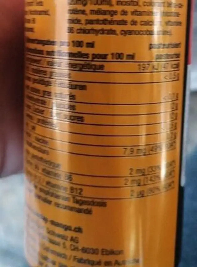 Monday mango nutrition facts table
