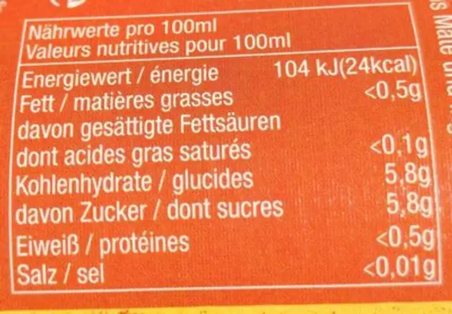 Mate & Ginger nutrition facts table