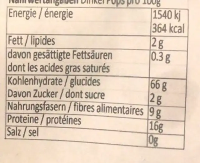 Dinkel-pops nutrition facts table