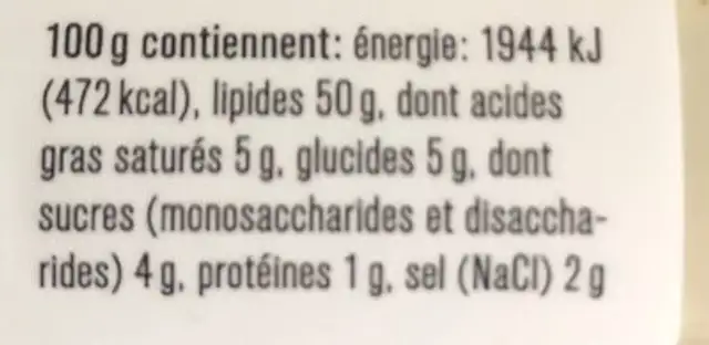 French Dressing nutrition facts table
