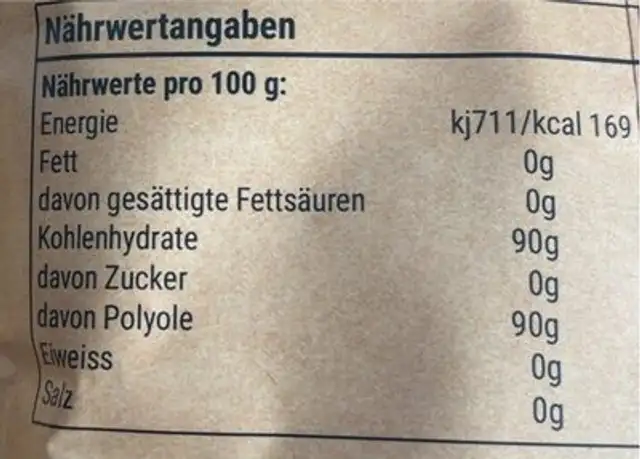 Tautona Kaugummi nutrition facts table
