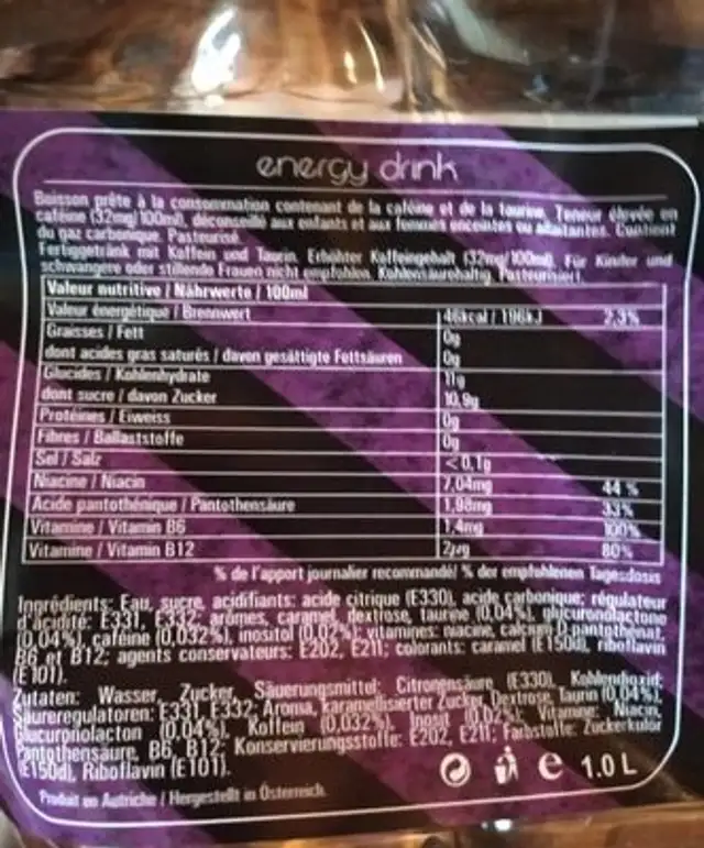 6th sens energy drink bouteille 1L nutrition facts table