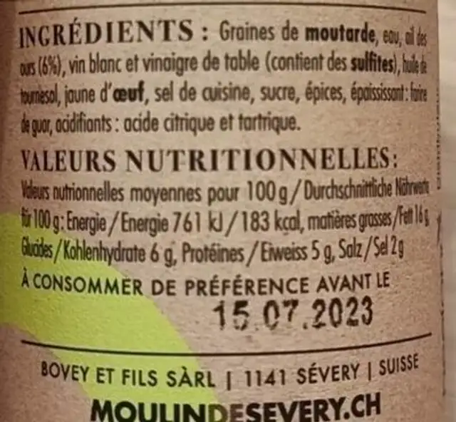 Moutarde à l'ail des ours nutrition facts table