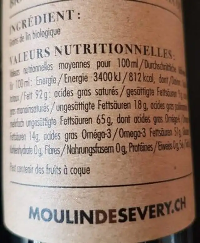 HUILE N°072, LIN nutrition facts table