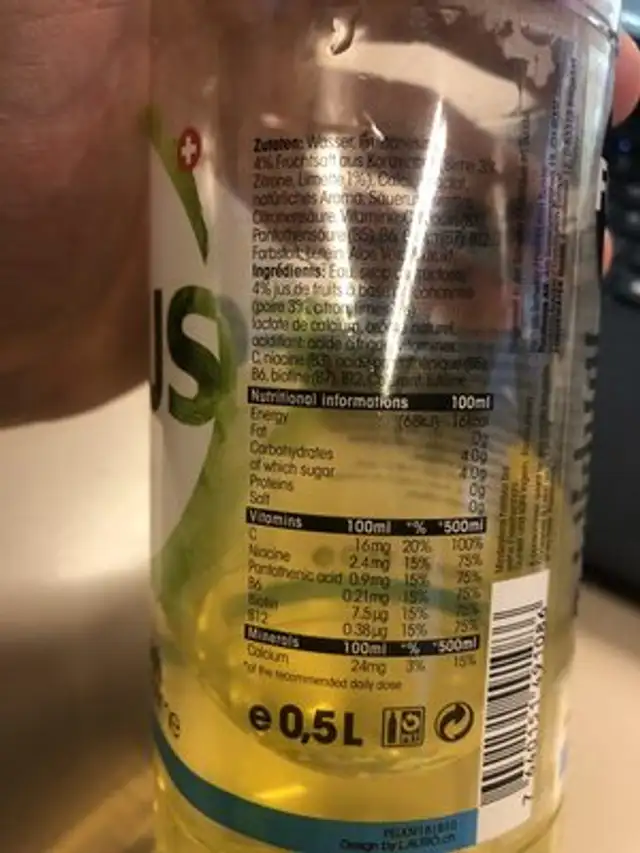 the Vitamin Water focus water pear & lime nutrition facts table