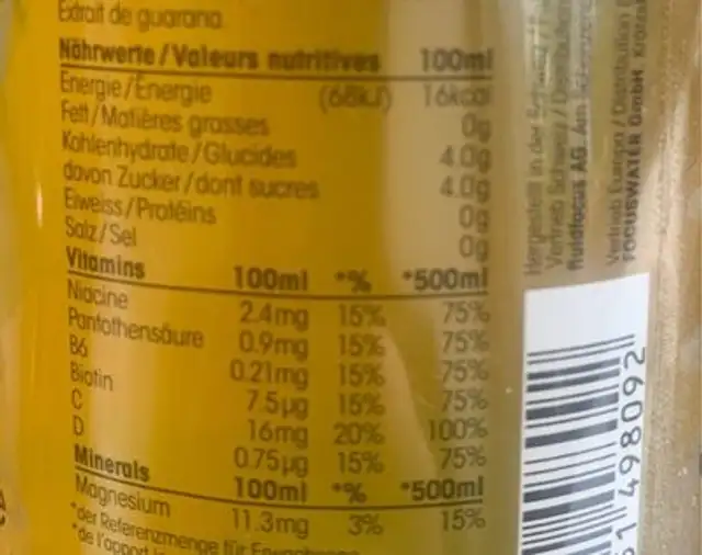 Vitamin Focus Water nutrition facts table