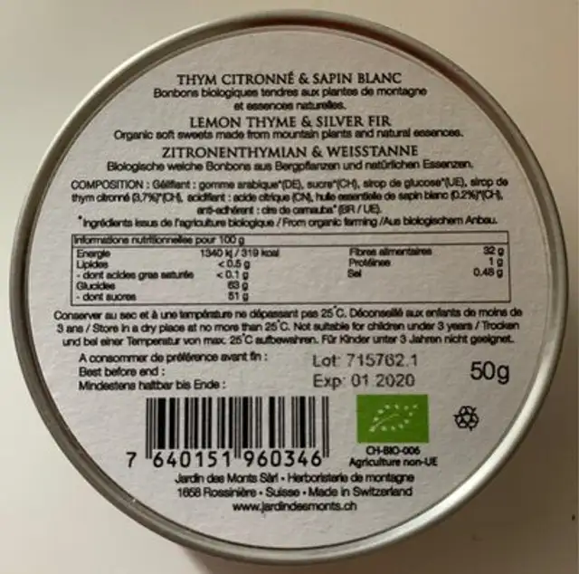 Thym Citronné & Sapin Blanc nutrition facts table