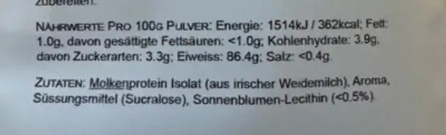 Whey Isolate Vanille Sahne nutrition facts table