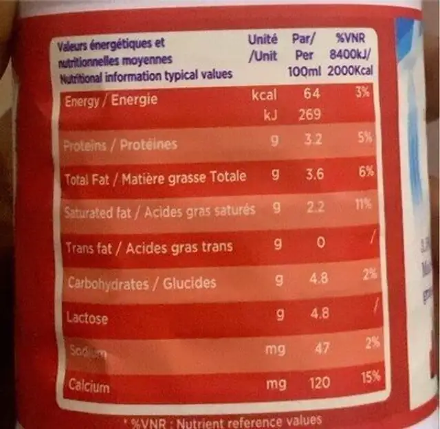 Dana Whole Milk nutrition facts table