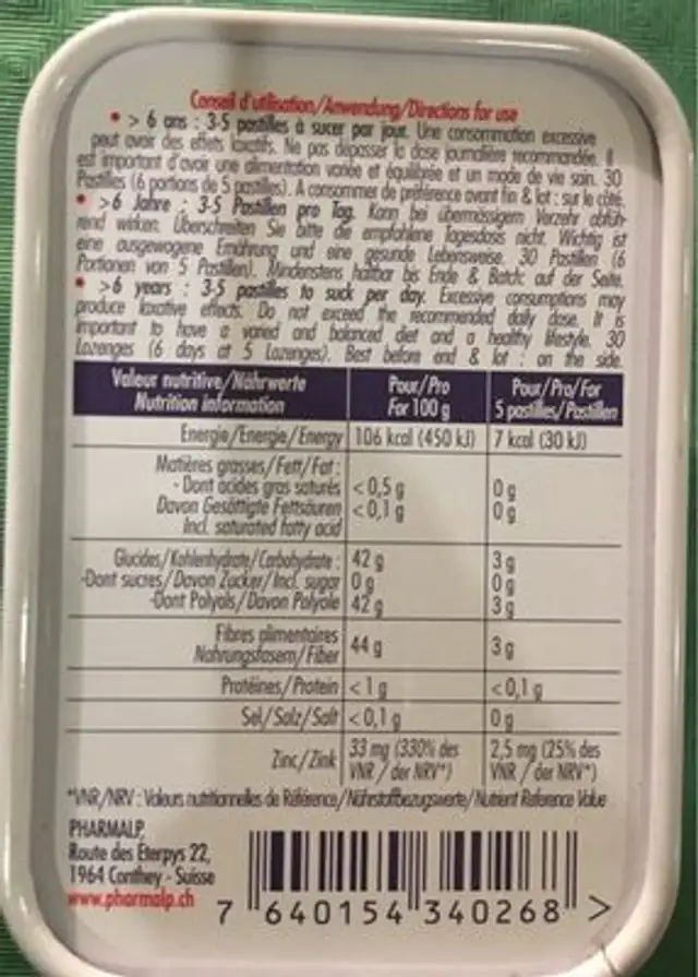 Pastilles Des Alpes nutrition facts table