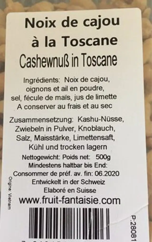 Noix de cajou à la Toscane nutrition facts table