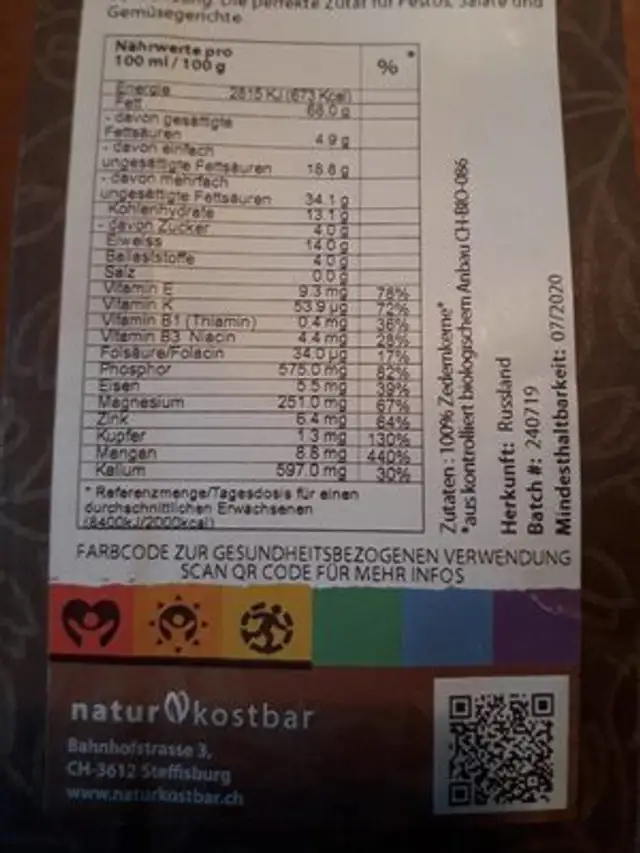 Zedernkerne nutrition facts table