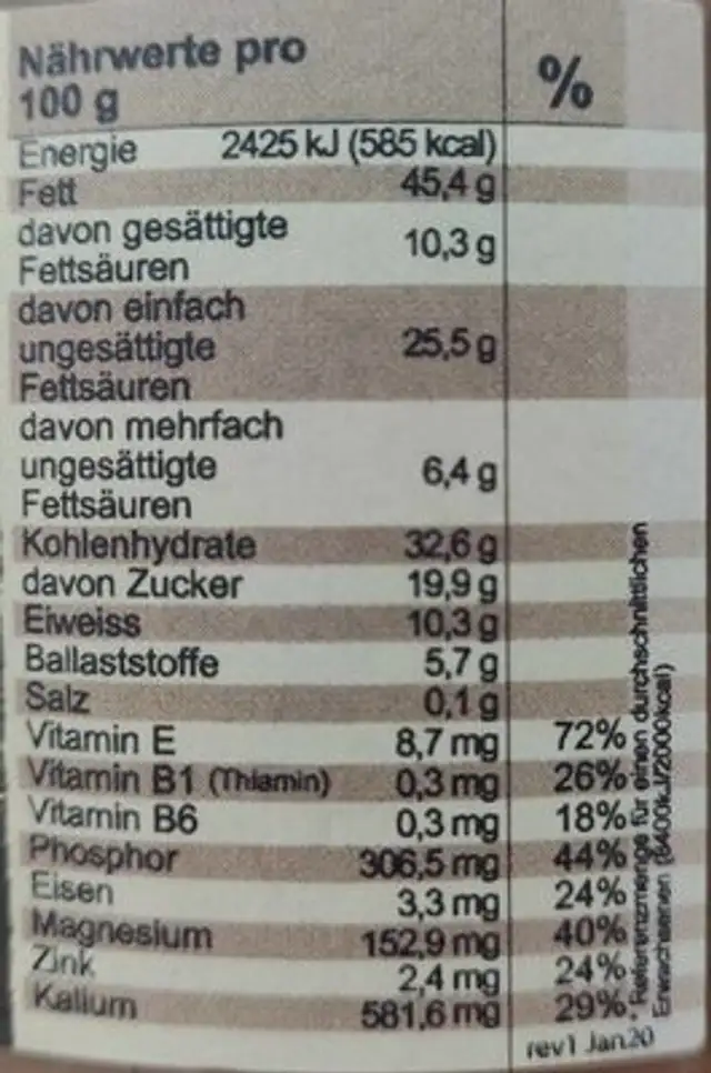 Creme de Carob nutrition facts table