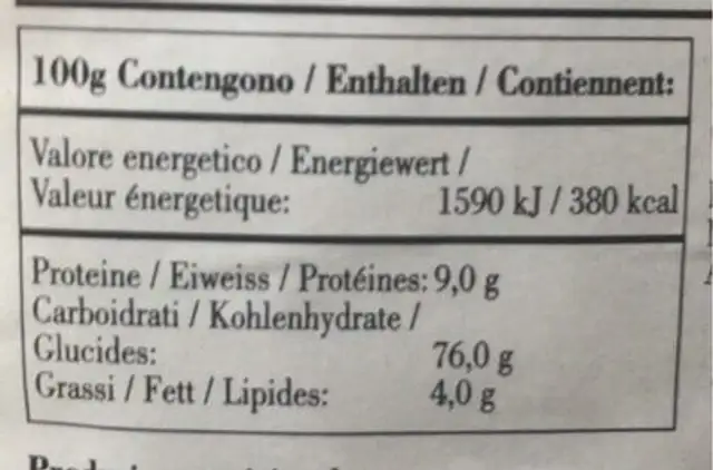Farina bona nutrition facts table