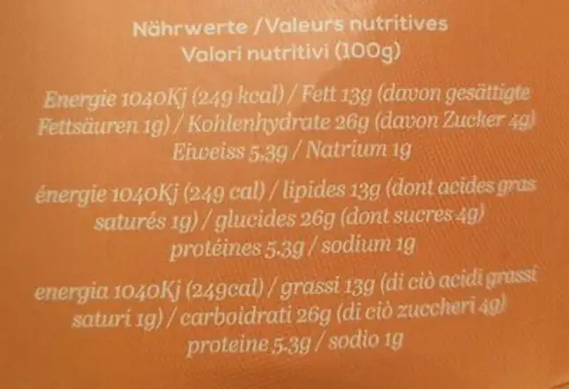 Pakora Tradition nutrition facts table