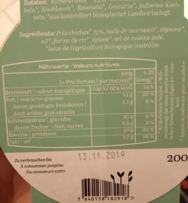 Bio burger nutrition facts table