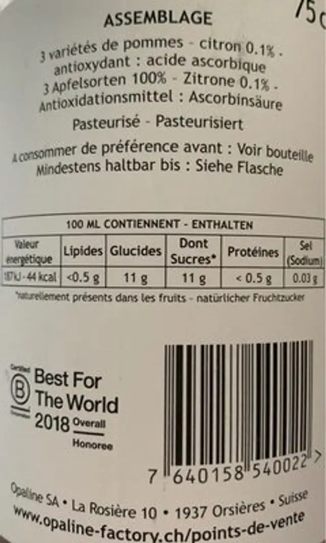 Jus de pommes nutrition facts table