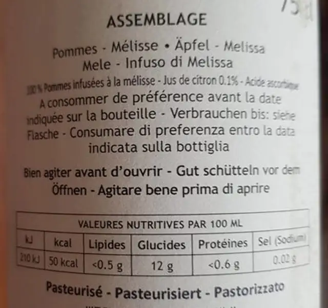 Pomme et Mélisse nutrition facts table