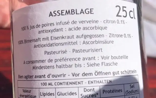 Poire verveine ingredients label
