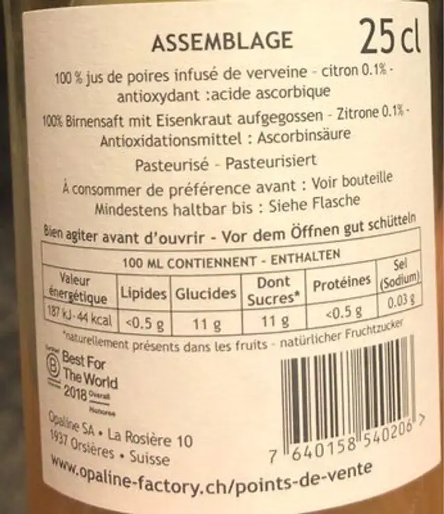 Poire verveine nutrition facts table