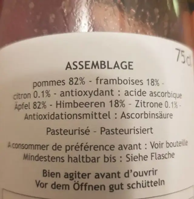 Pur jus de fruits frais ingredients label