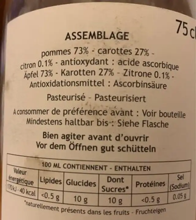 Opaline jus pommes et carottes nutrition facts table