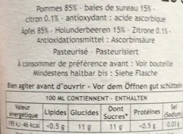 Opaline: apples and sureau nutrition facts table