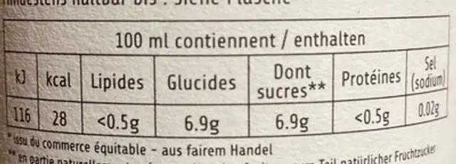 Opalin framboise nutrition facts table