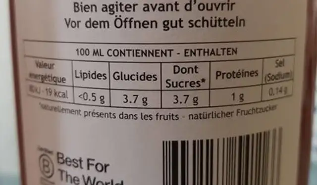 Jus de tomates nutrition facts table