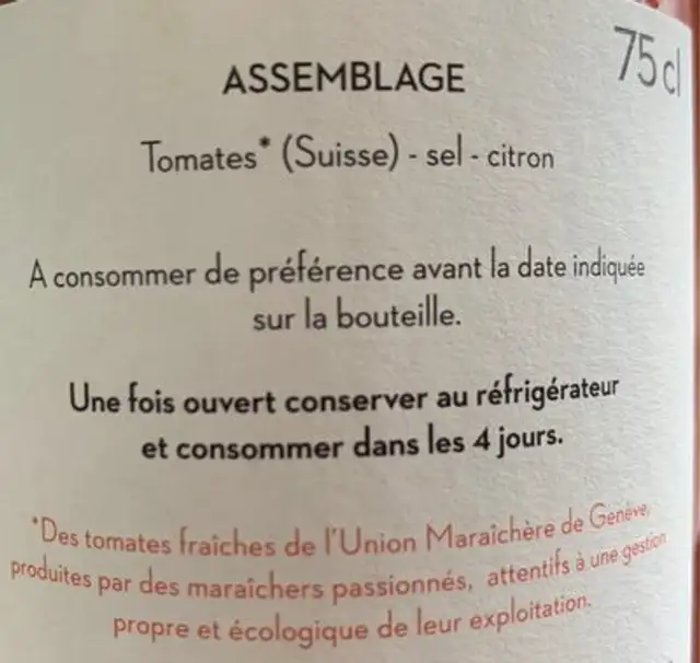 Coulis de tomates suisses ingredients label