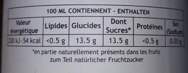 Opaline swiss fine juices poire Williams nutrition facts table