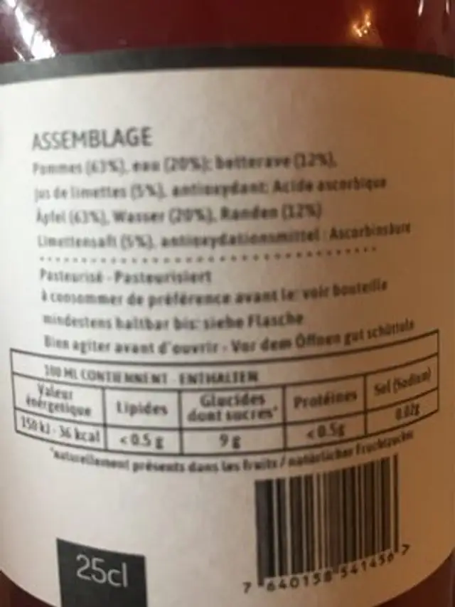 Jus de pomme/Betterave/Lime nutrition facts table