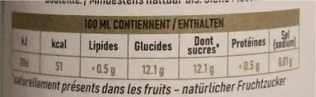 Grapillon nutrition facts table