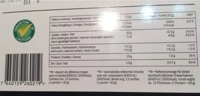 Tete de moine nutrition facts table