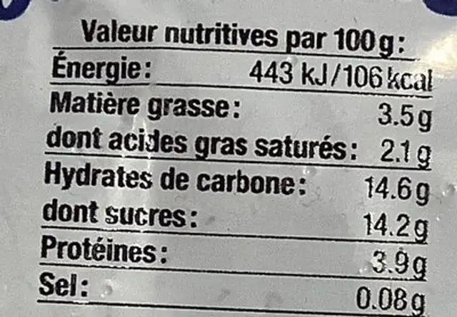 Yogourt artisanal Poire William nutrition facts table