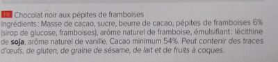 Chocolat noir avec éclats de framboise ingredients label