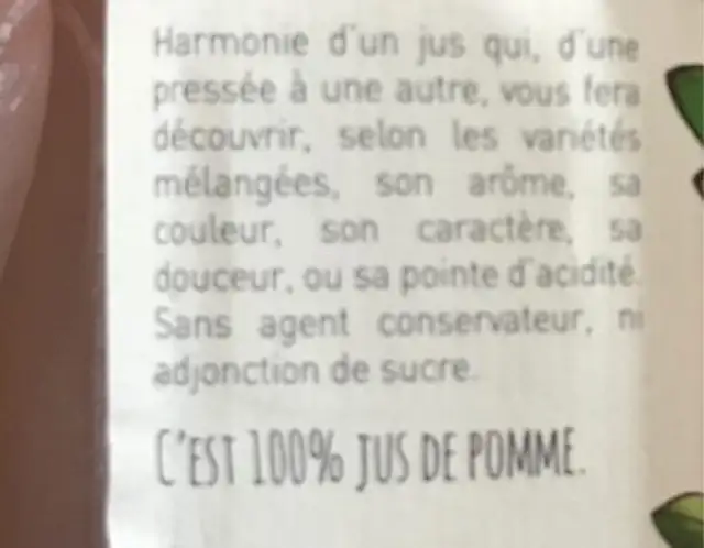 Jus de pomme ingredients label