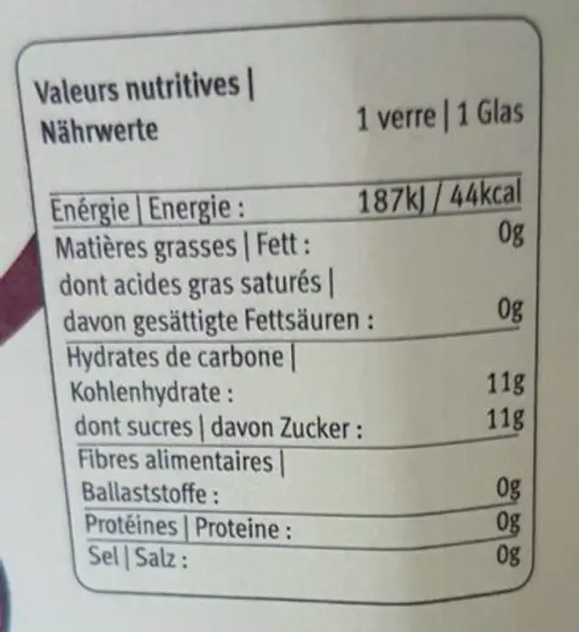 Jus de pomme nutrition facts table