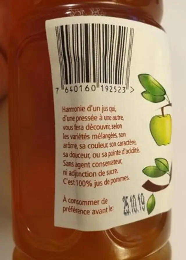Jus de pommes artisanal pasteurisé ingredients label