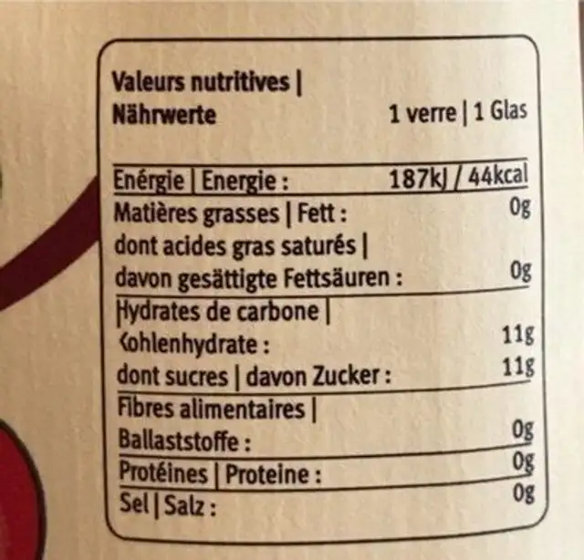 Jus de pommes artisanal pasteurisé nutrition facts table